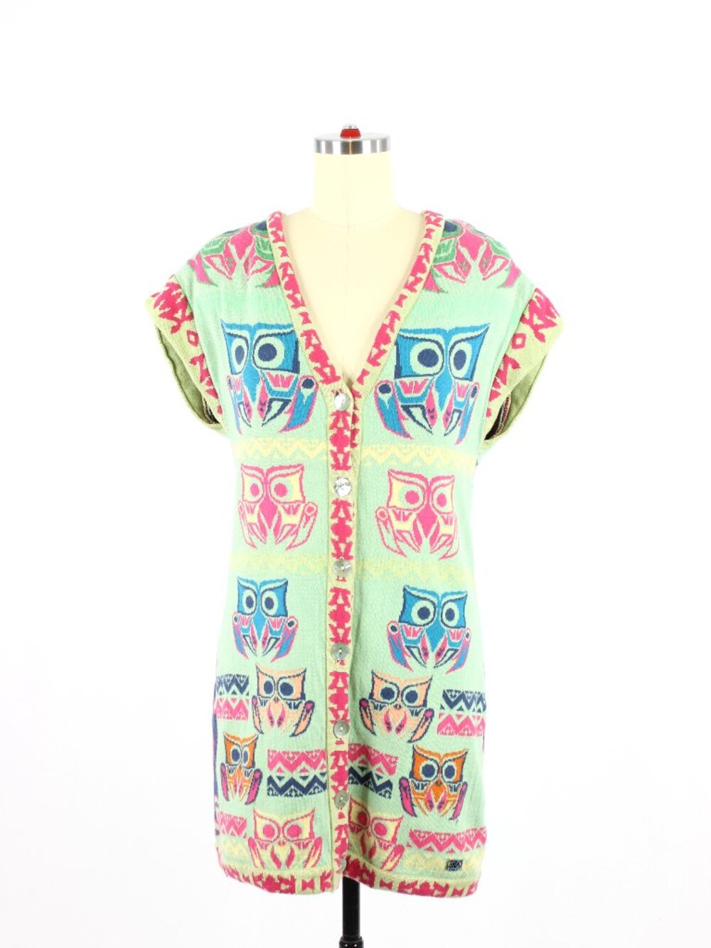 KOOI KNITWEAR Mint Green Owl Motif Knit V-Neck Cardigan Sweater Dress, One Size